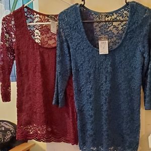 Lace 3/4..sleeve tunics with built-in front.tank